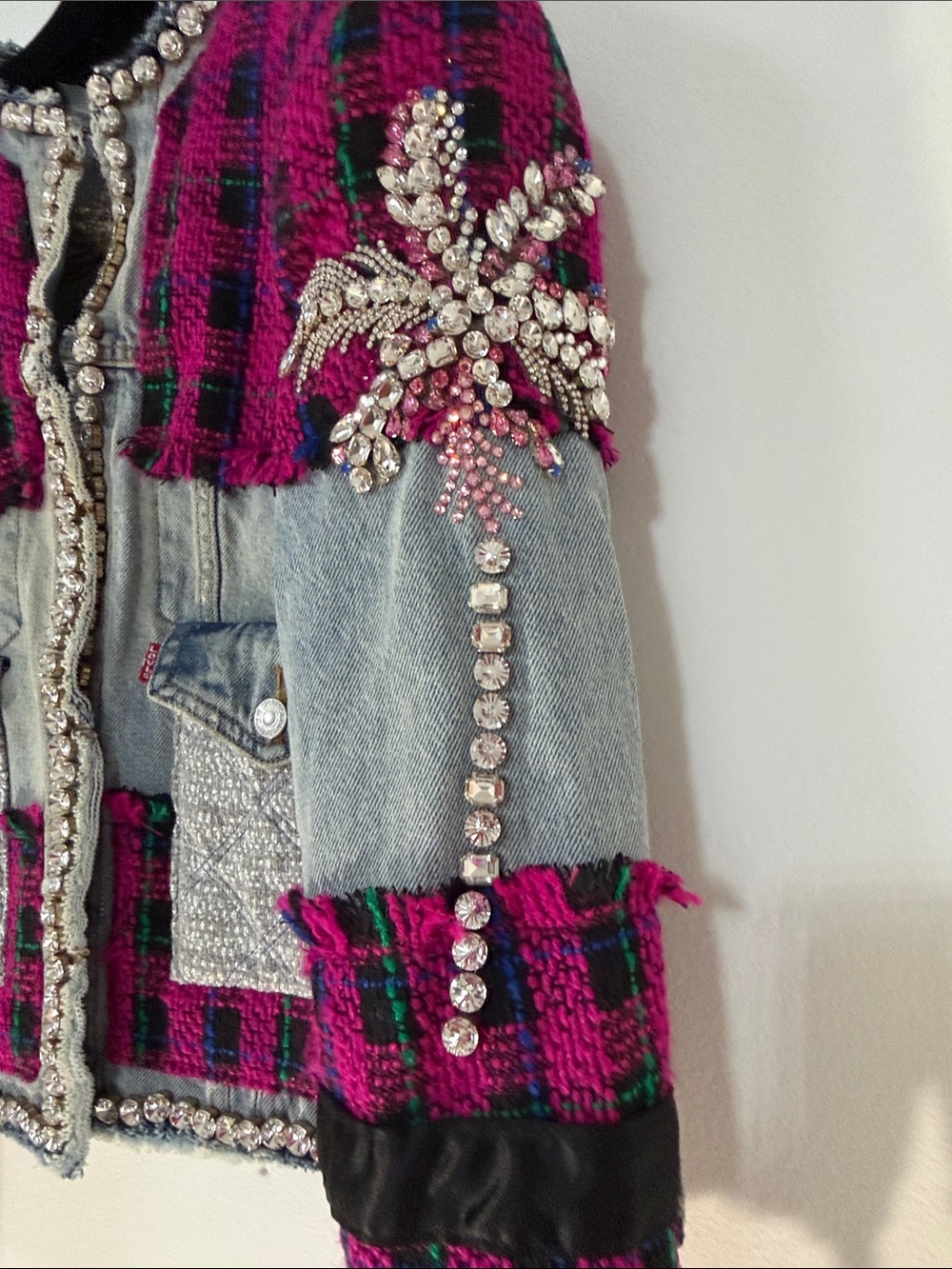 Levy’s Handmade Pink & Black Plaid Tweed and Light Blue Denim Embellished Jacket - Picture 4 of 11